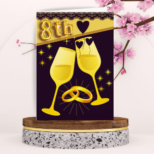 Gouden Zwarte 8e Jubilea Kaart met Rings Hearts