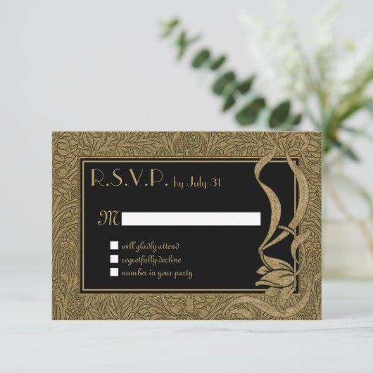 Gouden Zwarte Art Nouveau Elegante Unieke Huwelijk RSVP Kaartje (Staand voorkant)