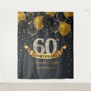 Gouden zwarte ballonnen diamanten 60e verjaardagsf wandkleed