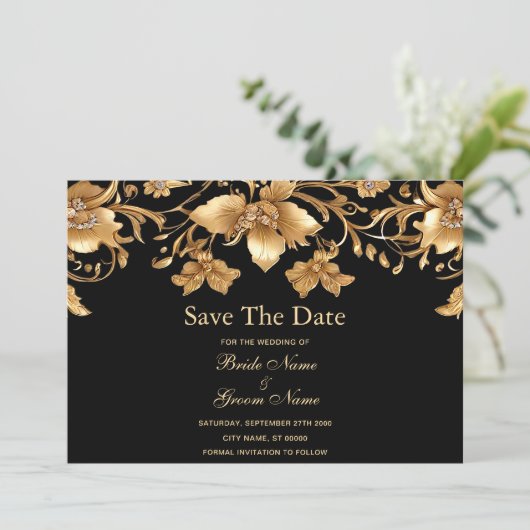 Gouden zwarte bloem Bewaar de datum Save The Date (Staand voorkant)