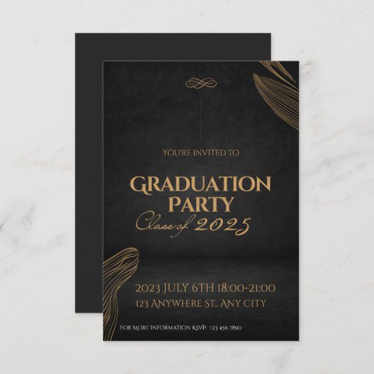Gouden Zwarte Elegante Afstudeeruitnodiging Feest Kaart (Voorkant / Achterkant)