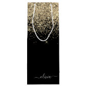 Gouden Zwarte Glitter Script Monogram Glamour Naam Wijn Cadeautas (Achterkant)