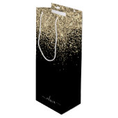 Gouden Zwarte Glitter Script Monogram Glamour Naam Wijn Cadeautas (Voorkant Gekanteld)