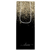 Gouden Zwarte Glitter Script Monogram Glamour Naam Wijn Cadeautas (Voorkant)