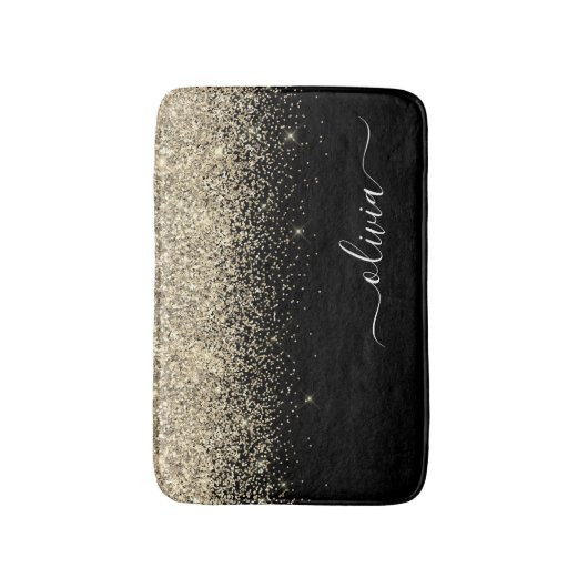 Gouden Zwarte Glitter Script Monogram Meisjesachti Badmat (Voorkant Verticaal)