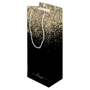 Gouden Zwarte Glitter Script Monogram Meisjesnaam Wijn Cadeautas
