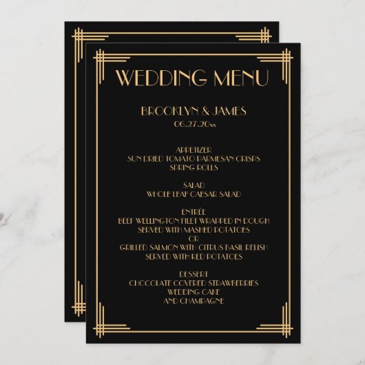 Gouden Zwarte Great Gatsby Art Deco Trouwmenu Menu (Voorkant / Achterkant)