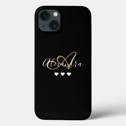 Gouden Zwarte Hart Script Naam Monogram Case-Mate iPhone Case (Achterkant)