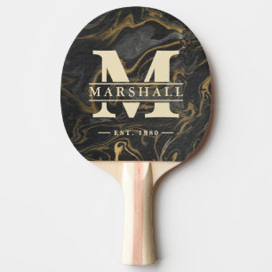 Gouden Zwarte Marmer Wervel Monogram & Naam Overla Tafeltennisbatje