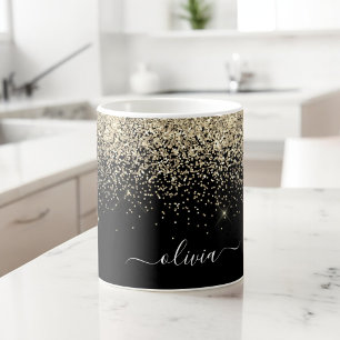 Gouden Zwarte Meisjesachtige Glitter Glans Monogra Koffiemok