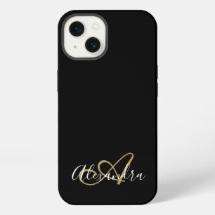 Gouden Zwarte Meisjesachtige Script Naam Monogram iPhone 13 Hoesje