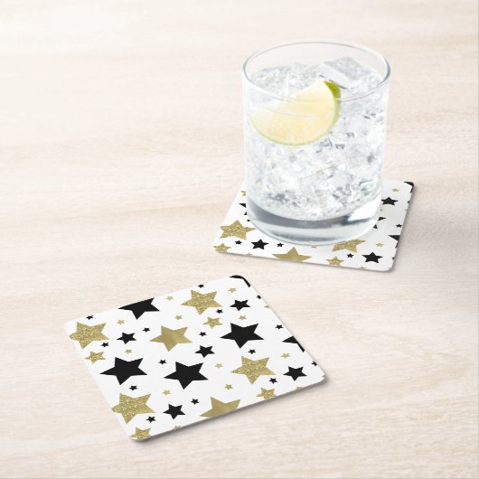 Gouden Zwarte Sterren Glitzy Vierkante Kartonnen Onderzetter (Insitu)