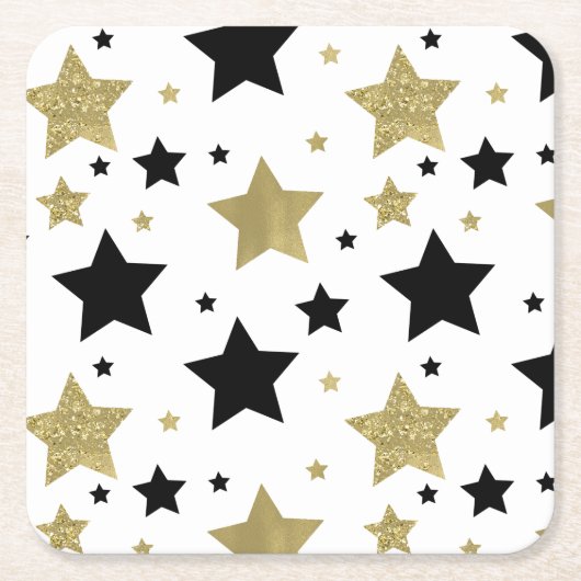 Gouden Zwarte Sterren Glitzy Vierkante Kartonnen Onderzetter (Voorkant)