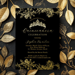 Gouden Zwarte Vintage Elegant Quinceanera Folie Uitnodiging