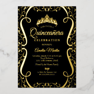 Gouden Zwarte Werveling Elegante Quinceanera  Folie Uitnodiging