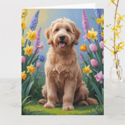 Goudendoodle-hond lente bloemen schilderij kaart (Gele Bloem)