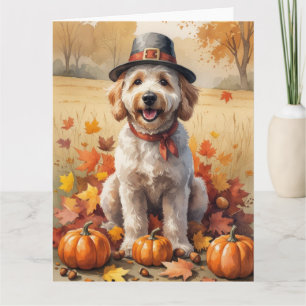 Goudendoodle in herfstbladeren Thanksgiving kunst Kaart