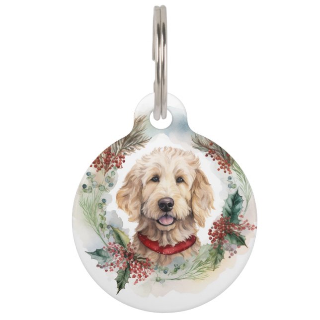 Goudendoodle Kerstkrans Festieve Pup Huisdierpenning (Voorkant)
