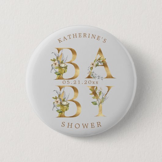 goudflorale letters baby shower monogram ronde button 5,7 cm (Voorkant)