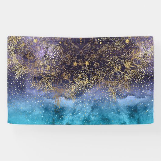 Goudflorale mandala en confetti afbeelding spandoek (Horizontaal)