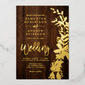 goudfloreus met bruin bruin hout folie uitnodiging (Voorkant)