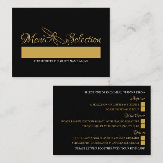 goudfolie Dragonfly bruiloft Menu Selectie (Voorkant / Achterkant)