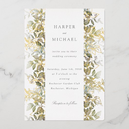 Goudfolie en waterverf bladeren bruiloft folie uitnodiging (Voorkant)