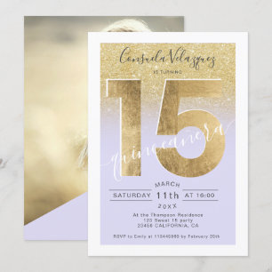 goudfolie glitter script paarse quinceanera foto kaart