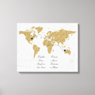 Goudfolie Wereldkaart Lange afstand Relatie Canvas Afdruk