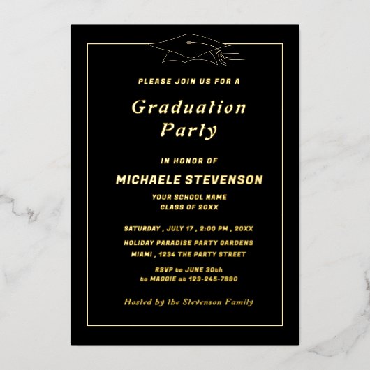Goudfolie Zwart Afstuderen Invitation Framed Folie Uitnodiging (Voorkant)