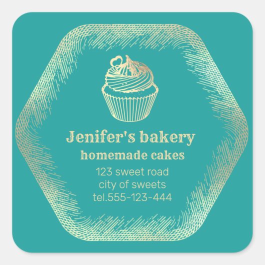 Goudgebakken cupcakes en behandelde verpakkingen vierkante sticker (Voorkant)