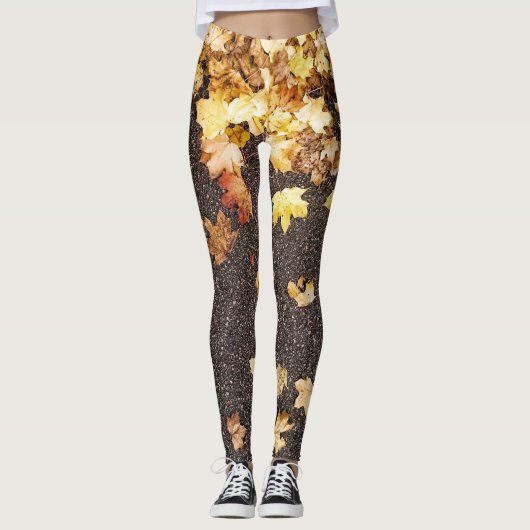 Goudgele appelbladeren naherfstasfalt leggings (Voorkant)