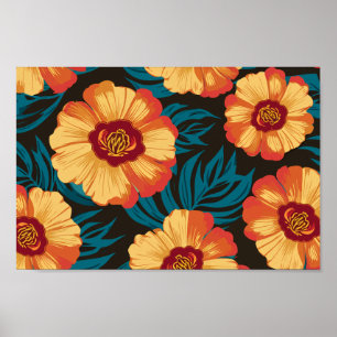 Goudgele en rode bloemen met Blauwgroen bladeren Poster