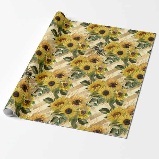 goudgele zonnebloem Bouquet Stripe bijen Cadeaupapier (Uitgerold)