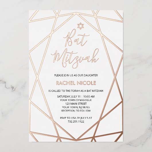 Goudgeometrisch wit en Roos | Bat Mitzvah Folie Uitnodiging (Voorkant)