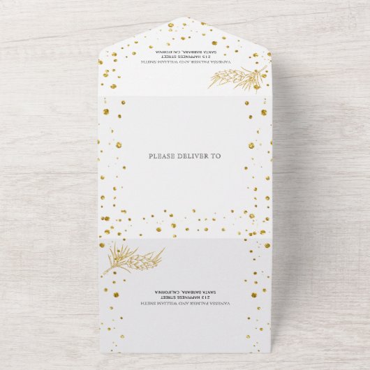 Goudglitter-dennenaaltje, confetti zwarte bruiloft all in one uitnodiging (Buitenkant)