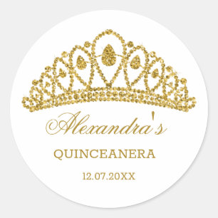 Goudglitter-effect tiara Quinceanera Ronde Sticker