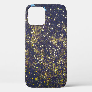 Goudglitter en glittering blauwe sterren op zwarte iPhone 12 hoesje