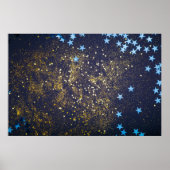 Goudglitter en glittering blauwe sterren op zwarte poster (Voorkant)
