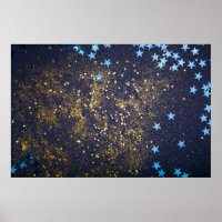Goudglitter en glittering blauwe sterren op zwarte