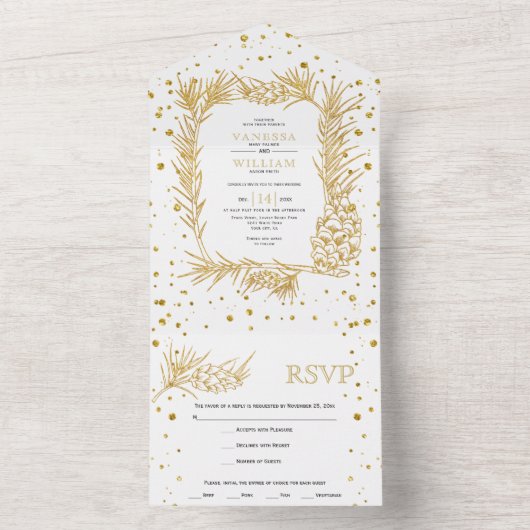 Goudglitterden en confetti winter bruiloft all in one uitnodiging (Binnen)