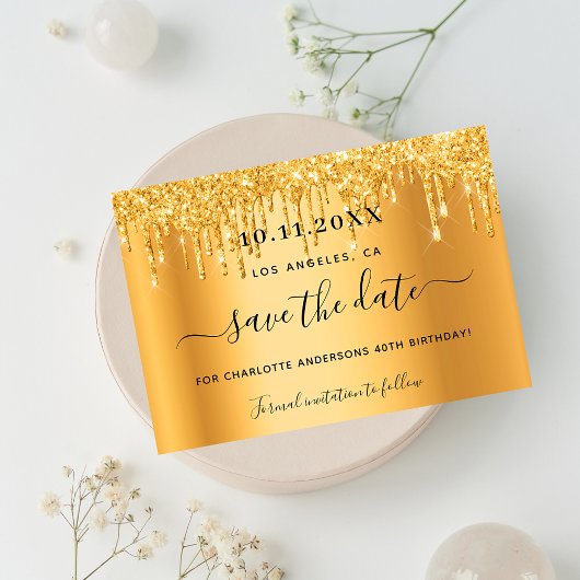 goudglitterdruppels op feestdag, behalve de datum save the date