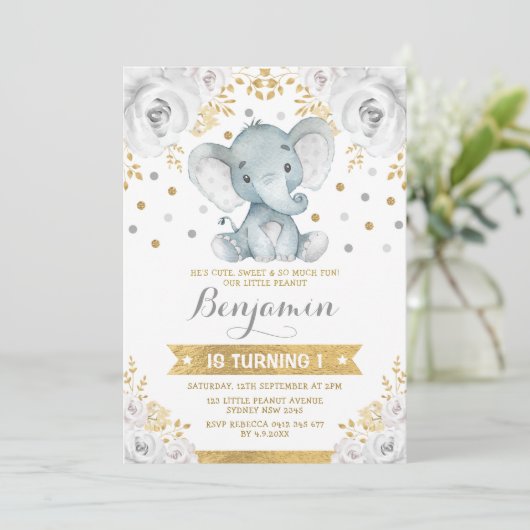 Goudgrijs Oerwoud Olifant 1e Verjaardagsfeest Kaart (Staand voorkant)