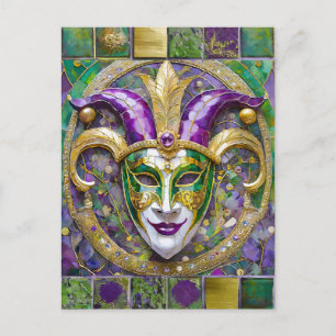 Goudgroen Paarse Mardi Gras Jester Mask Briefkaart