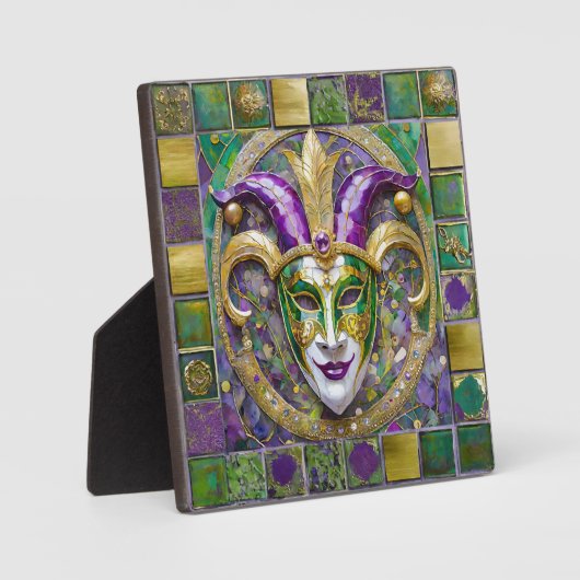Goudgroen Paarse Mardi Gras Jester Mask Fotoplaat (Voorkant)