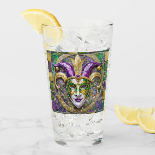 Goudgroen Paarse Mardi Gras Jester Mask Glas (Voorkant ijs)