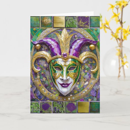 Goudgroen Paarse Mardi Gras Jester Mask Kaart (Gele Bloem)