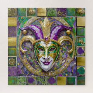 Goudgroen Paarse Mardi Gras Jester Mask Legpuzzel