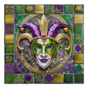 Goudgroen Paarse Mardi Gras Jester Mask Perfect Poster