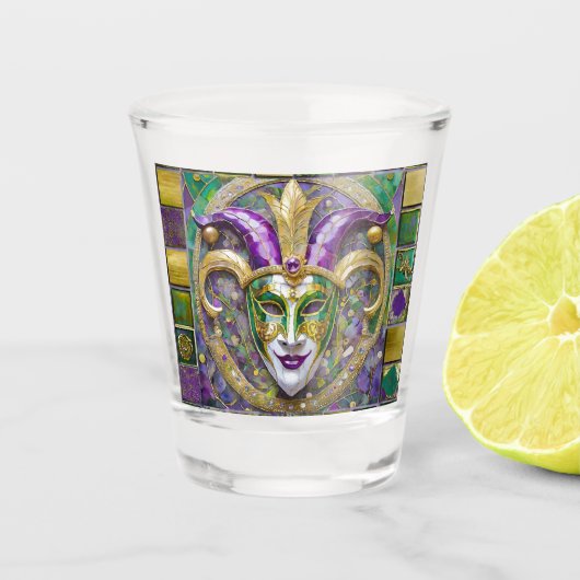 Goudgroen Paarse Mardi Gras Jester Mask Shot Glas (Voorkant)
